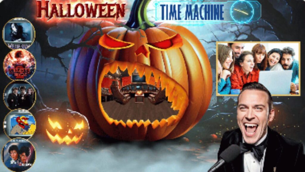 Pumpkin in the middle with virtual screen on side, and event host presenting